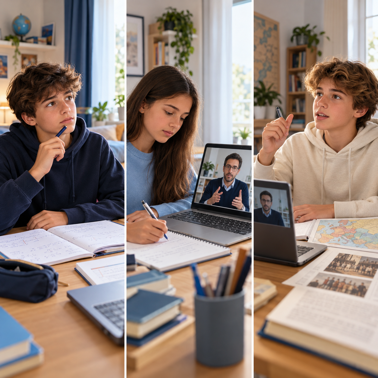Trois collégiens qui reprennent confiance, consolident leurs bases ou approfondissent leurs connaissances en cours en ligne